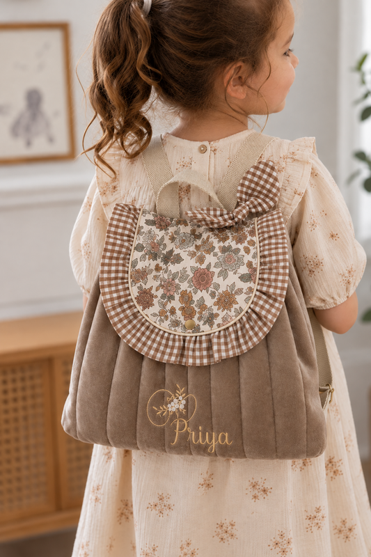 Le sac à dos Églantine velours, vichy et marion