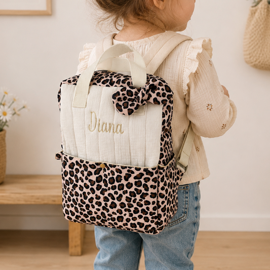 The Ombeline children's backpack in quilted gauze and sky blue gingham