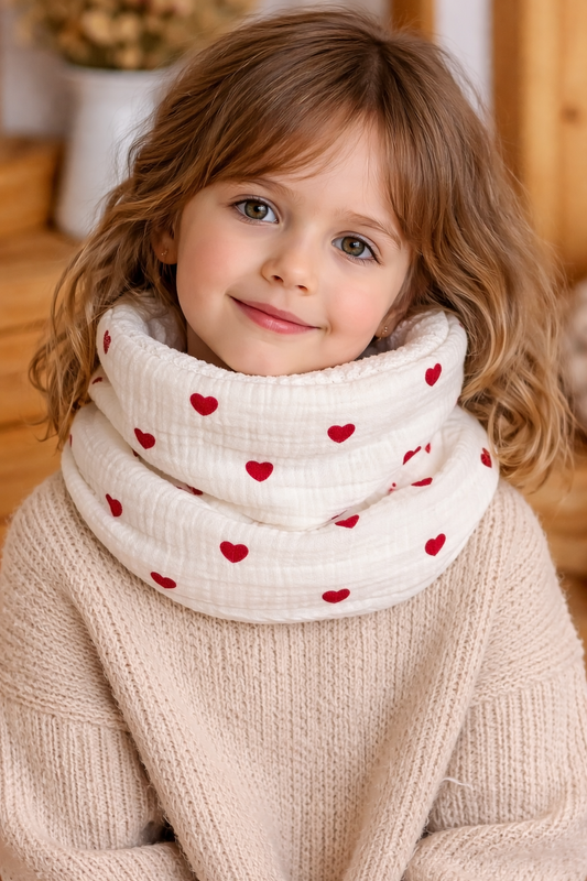 Le tour de cou enfant double gaze coeurs rouges
