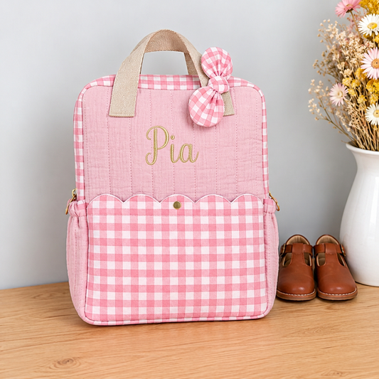 The Ombeline children's backpack in quilted gauze and sky blue gingham