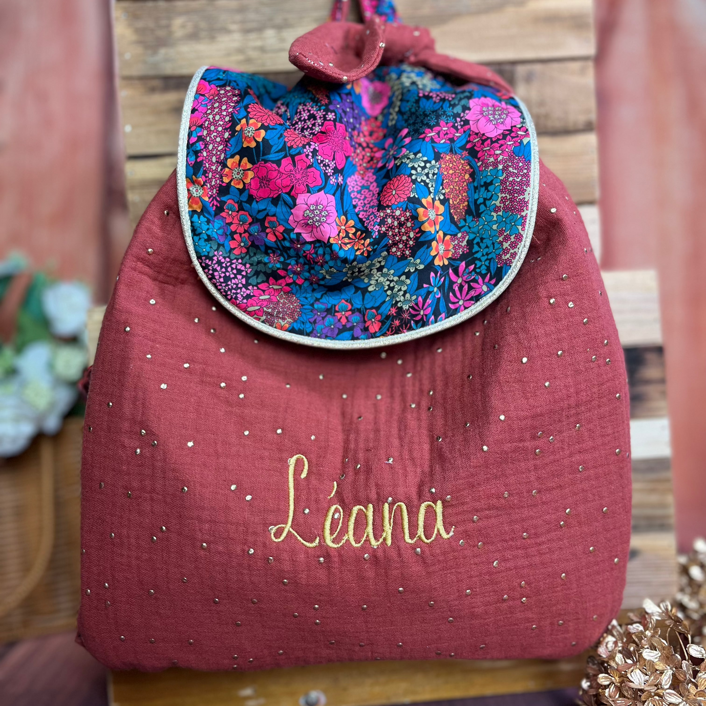 Le sac à dos enfant personnalisé Églantine Liberty Ciara pétrole et tomette doréof London Ciara pétrole
