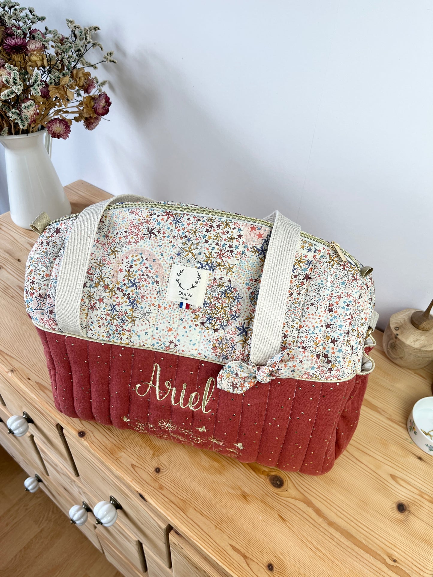 Aimé le sac à langer matelassé tomette et Liberty Adelajda