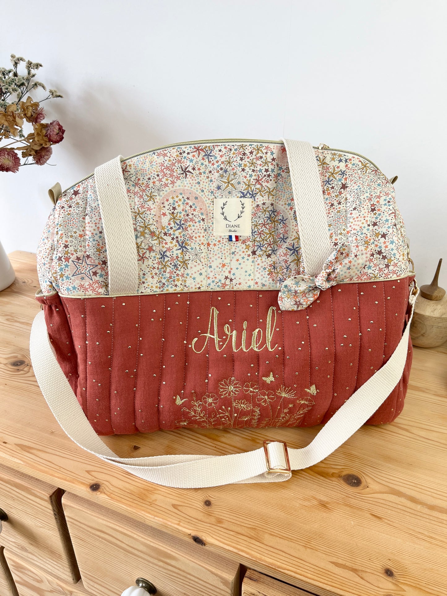 Aimé le sac à langer matelassé tomette et Liberty Adelajda
