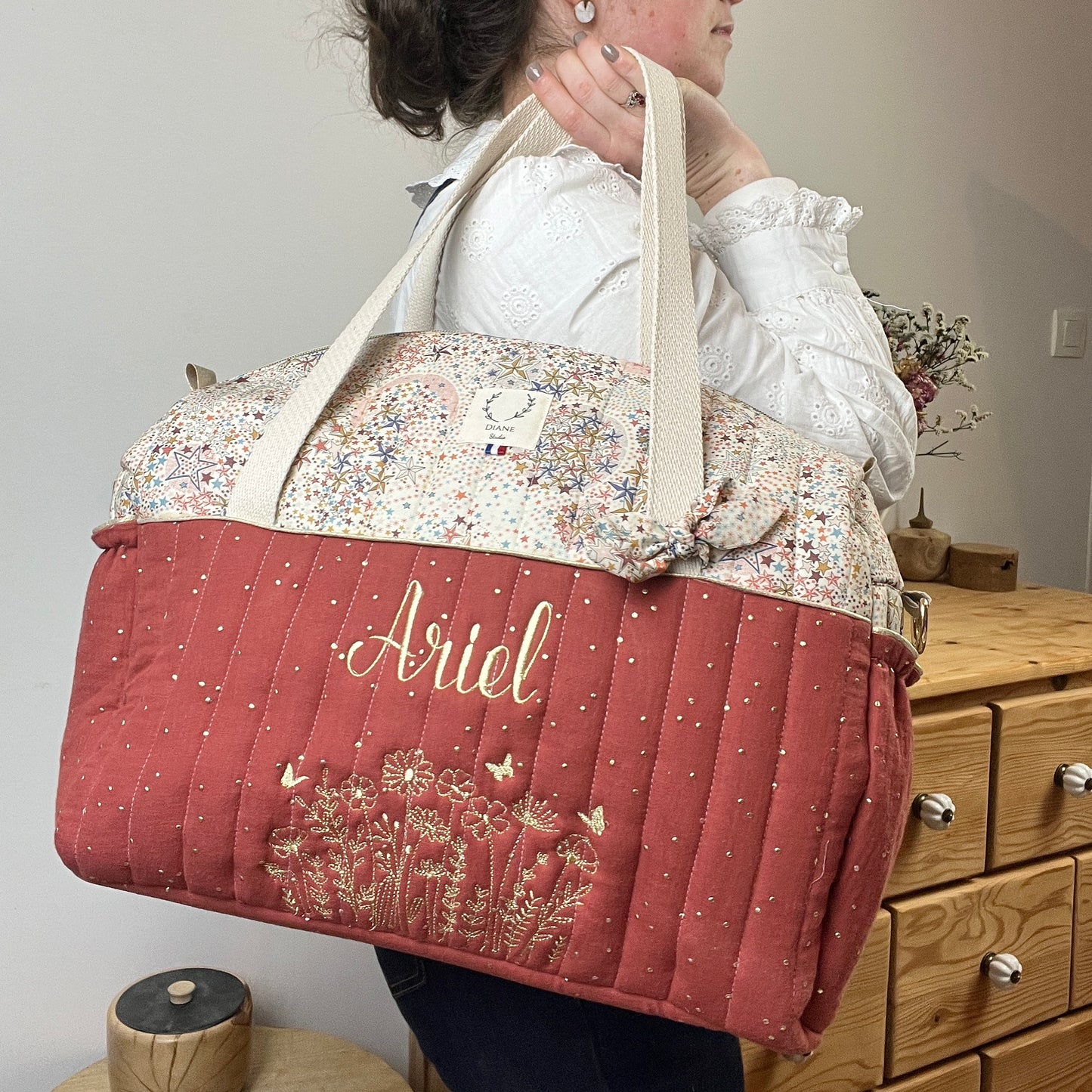 Aimé le sac à langer matelassé tomette et Liberty Adelajda