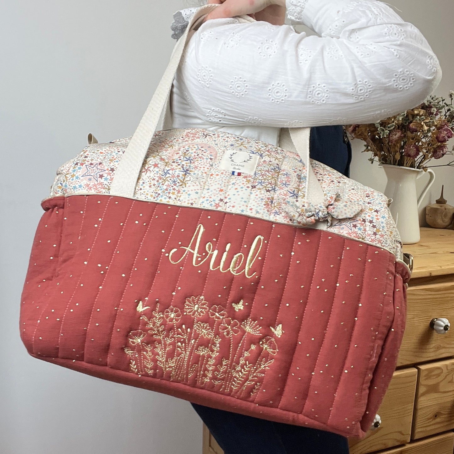 Aimé le sac à langer matelassé tomette et Liberty Adelajda