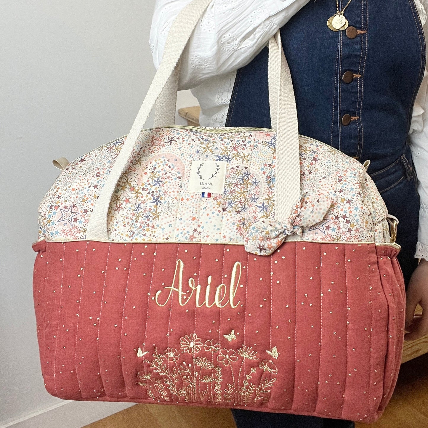 Aimé le sac à langer matelassé tomette et Liberty Adelajda