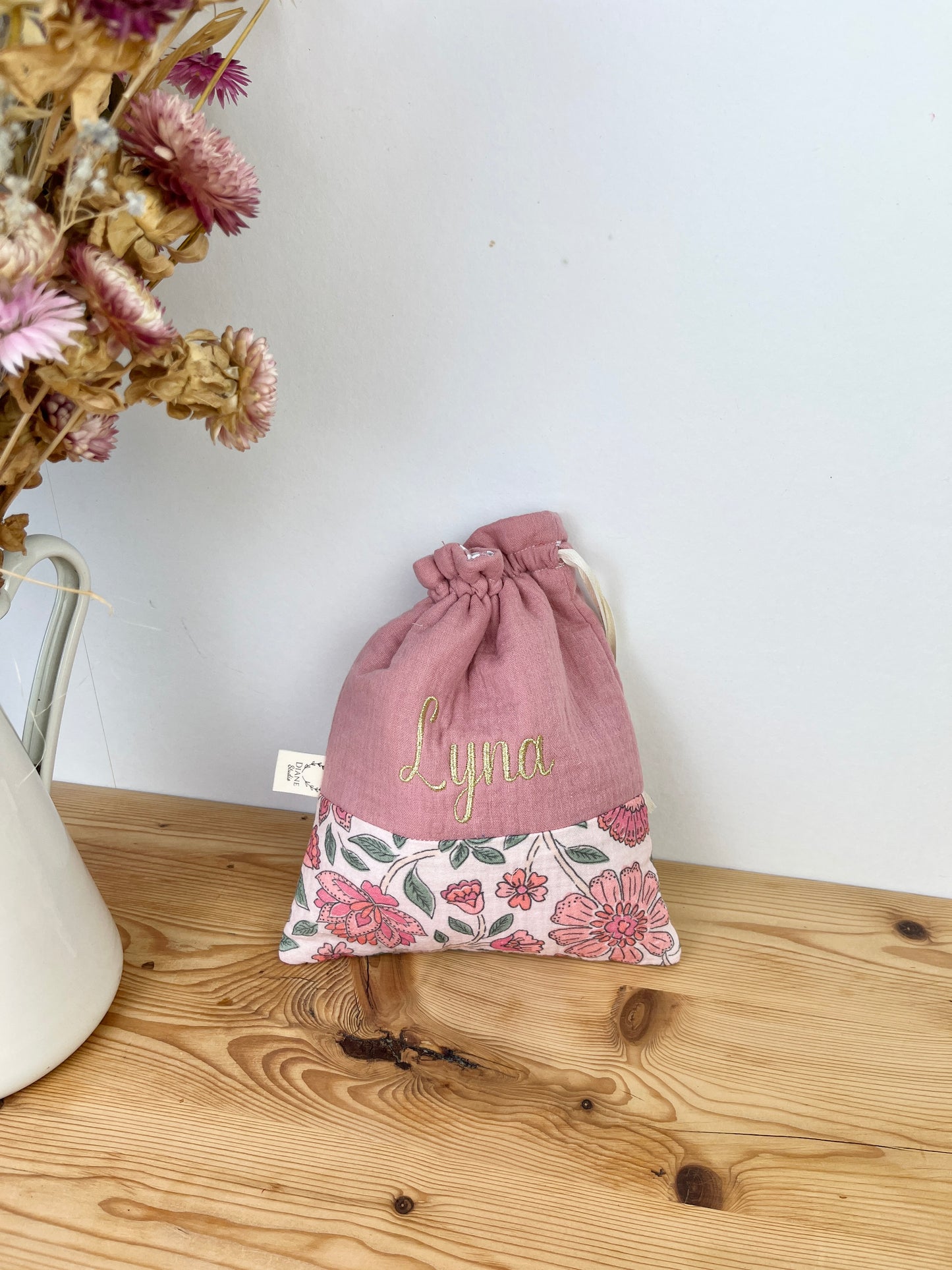 Pochon personnalisé gaze rose thé et saarah