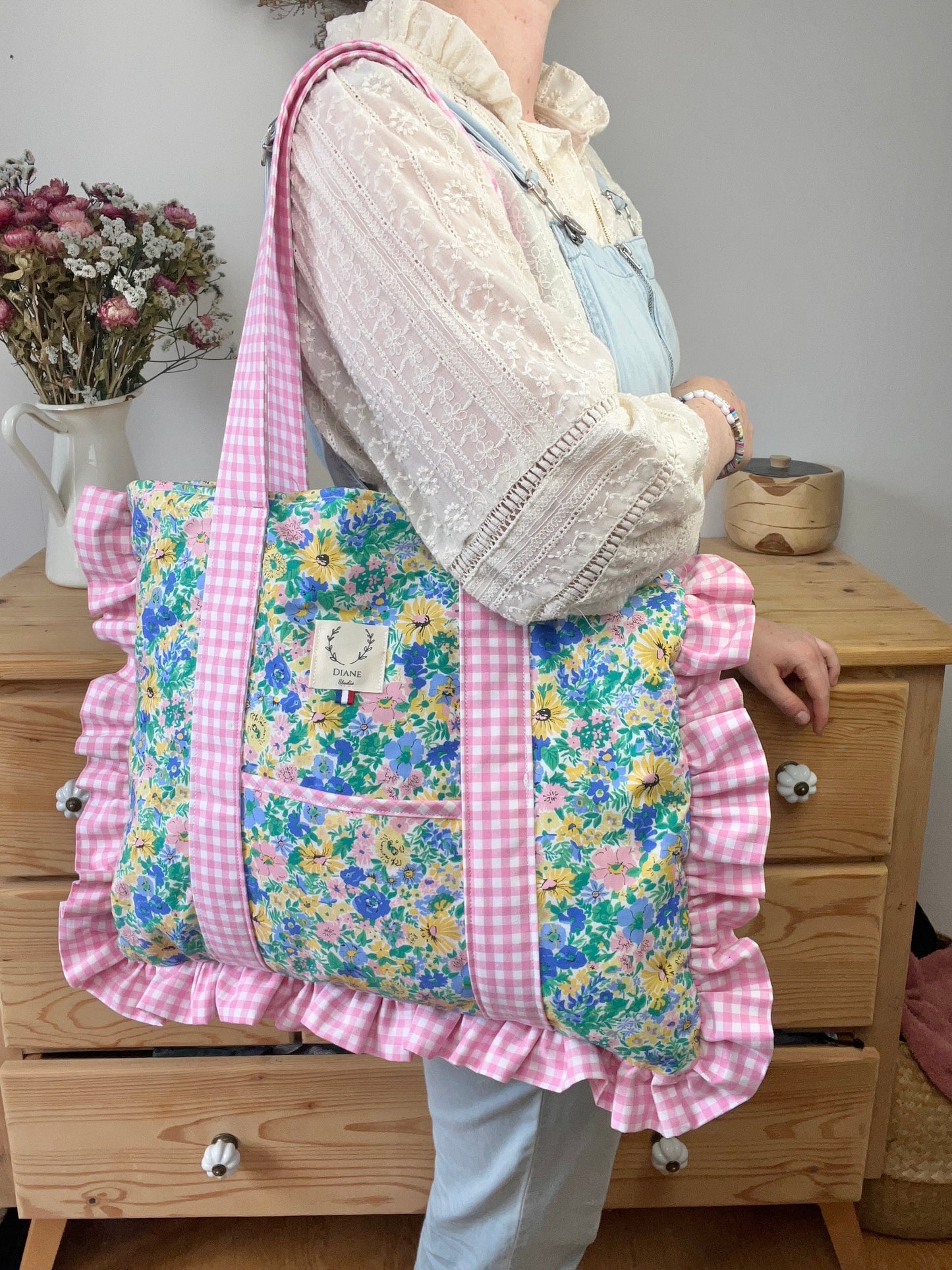 Le grand tote bag Agnès vichy rose et Liberty malvern meadow