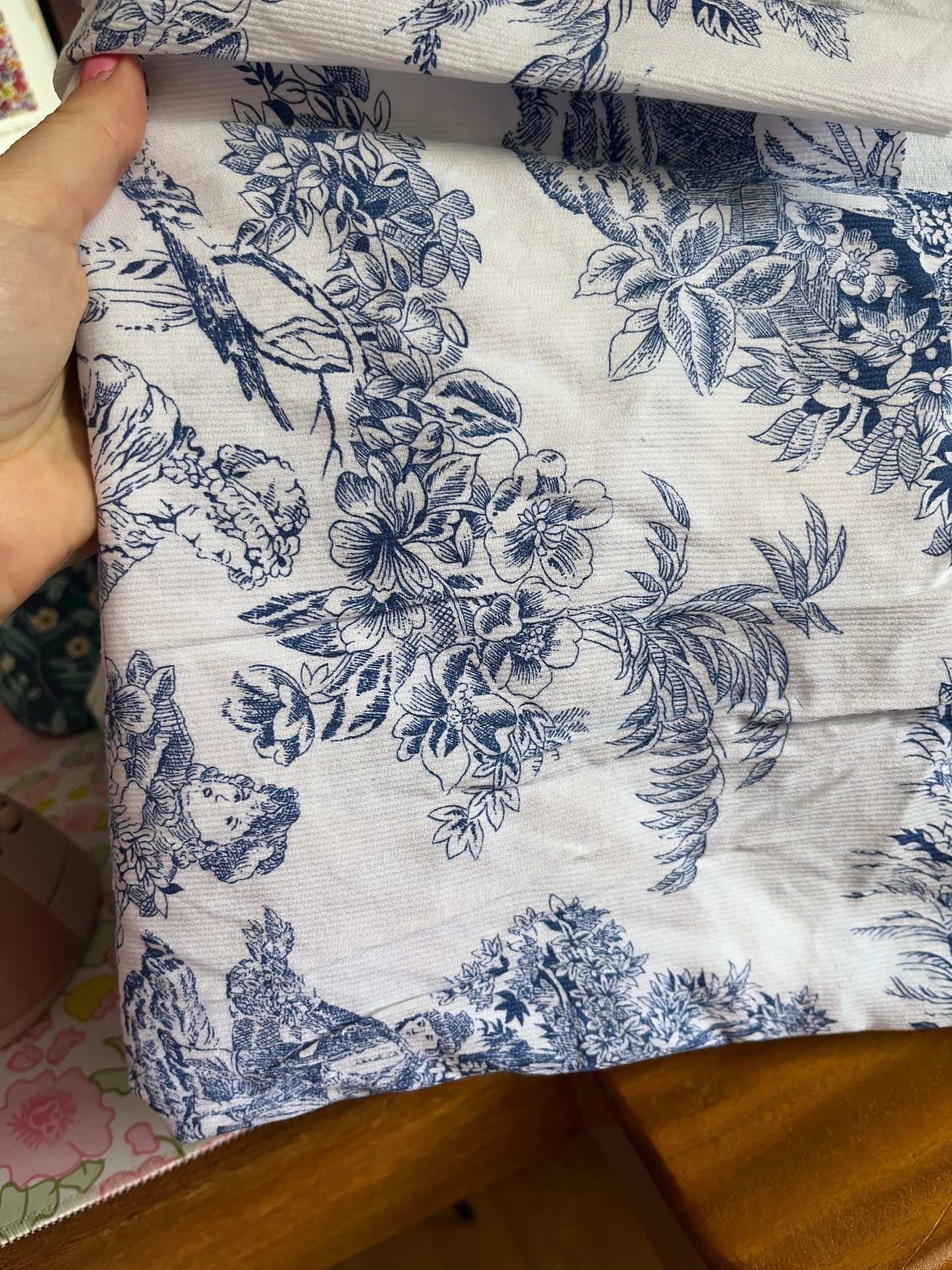 Coupon 95x1m cm Piqué de coton toile de jouy bleu