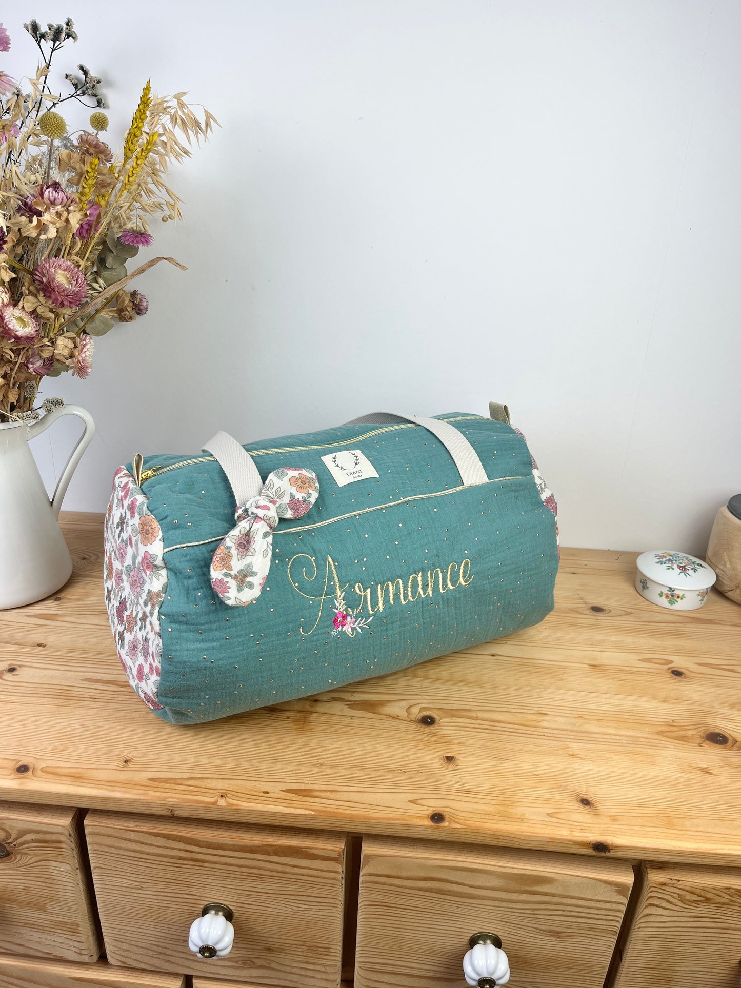 Louison le sac polochon enfant eucalyptus doré et marion rose