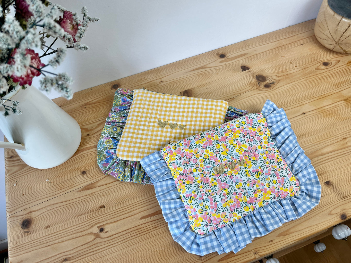 Pochette plate matelassée vichy Jaune et Liberty of London