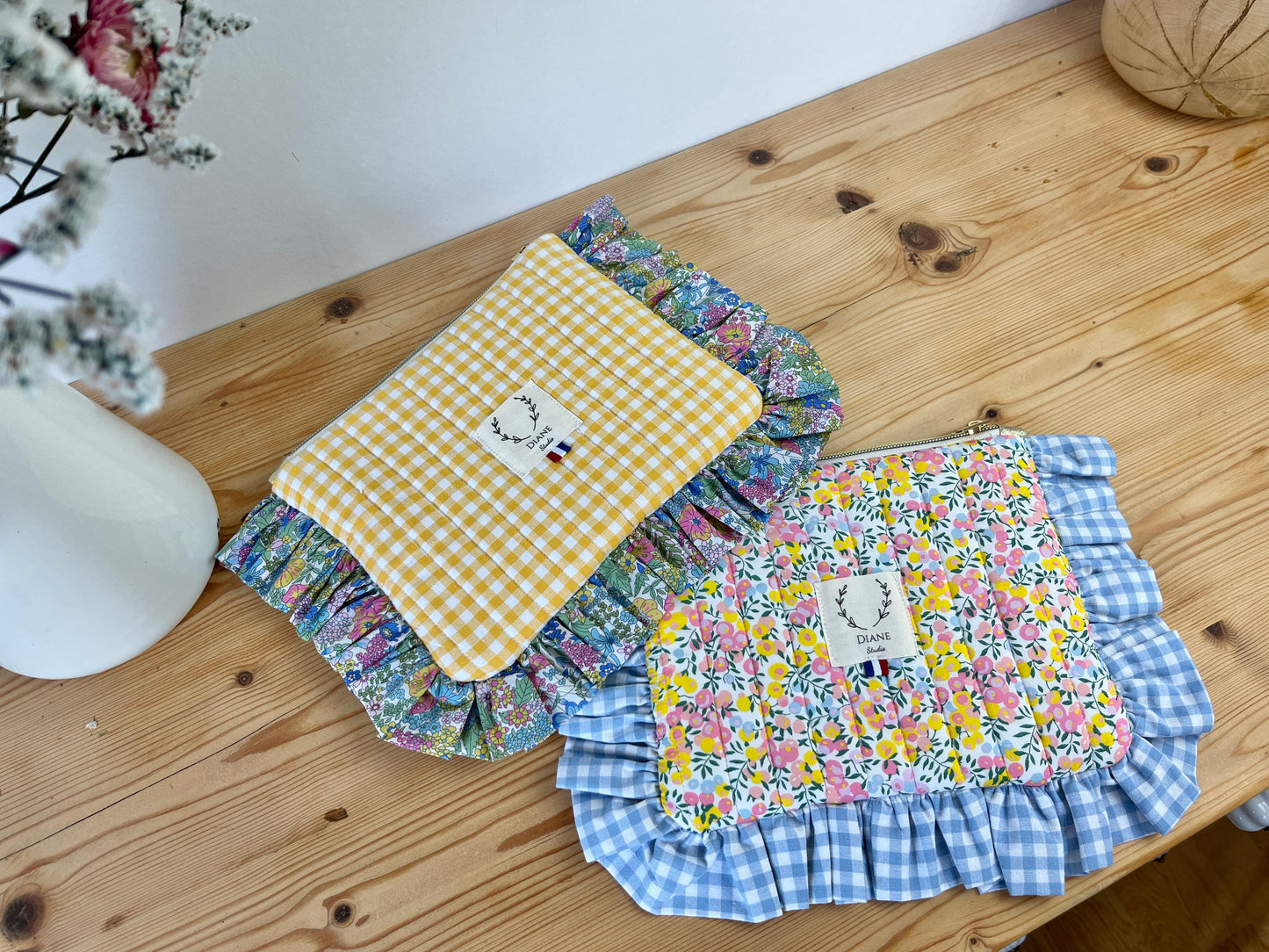 Pochette plate matelassée vichy Jaune et Liberty of London