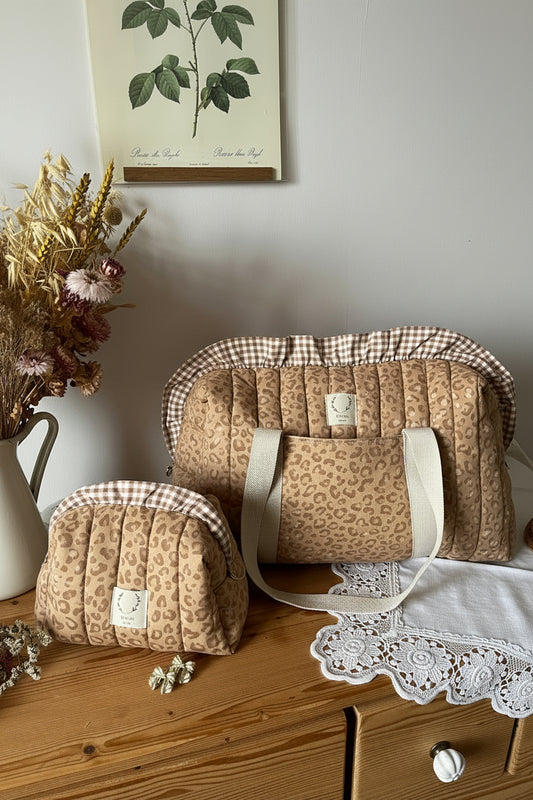Ensemble Sac Chloé et trousse à volants léopard et vichy rose