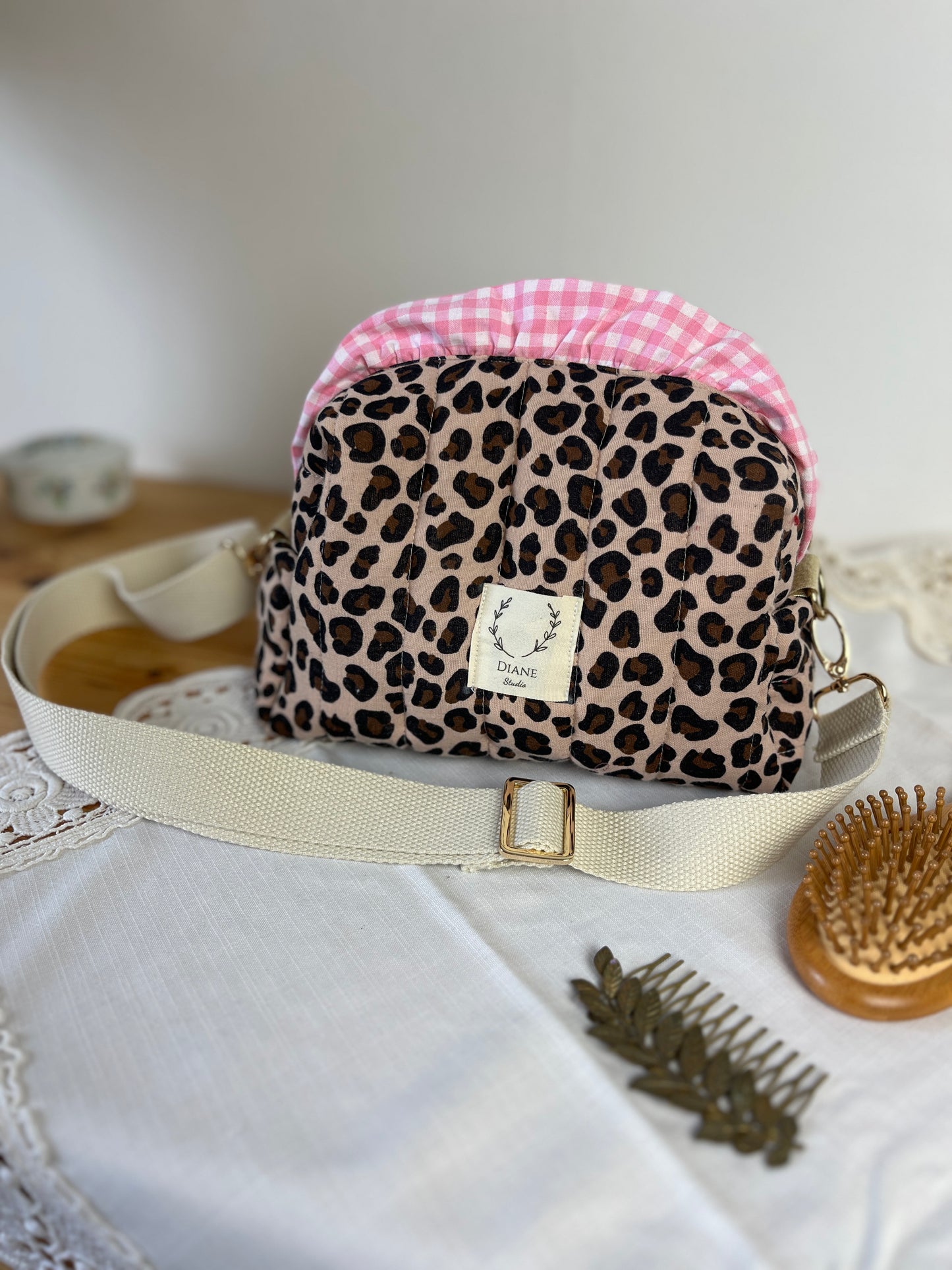 Colette le sac bandoulière léopard et vichy rose -sur commande