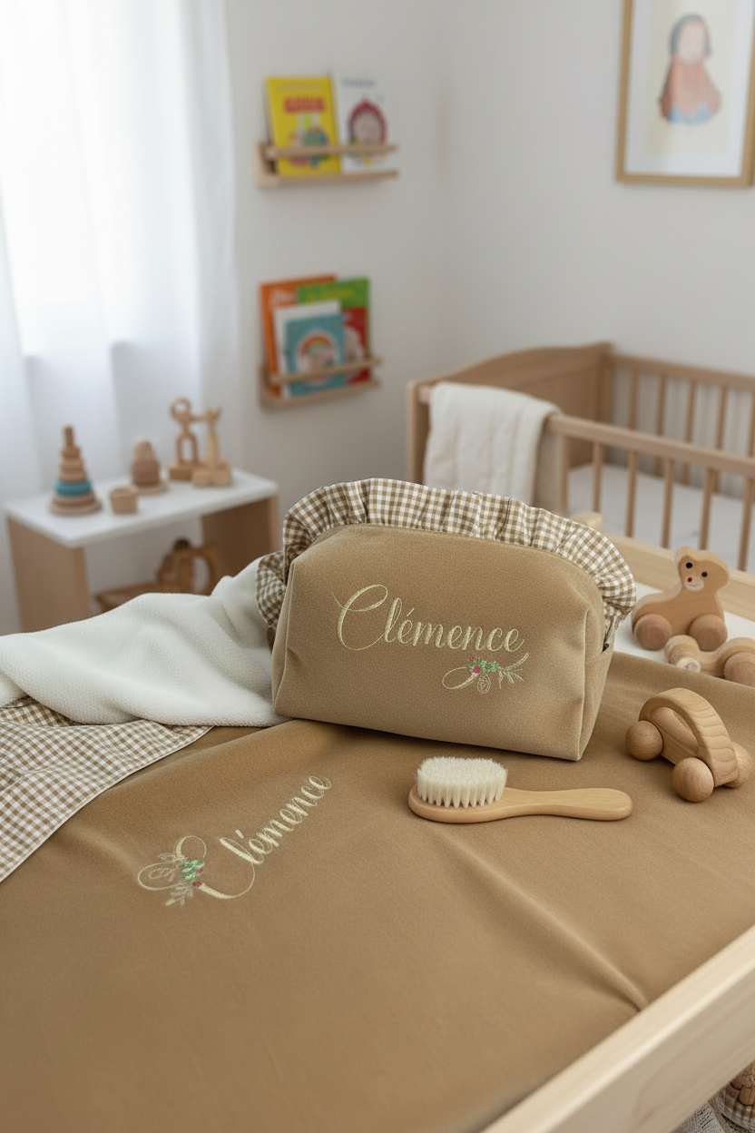 Set includes: Toiletry bag, blanket, doll, notebook cover, and bonnet