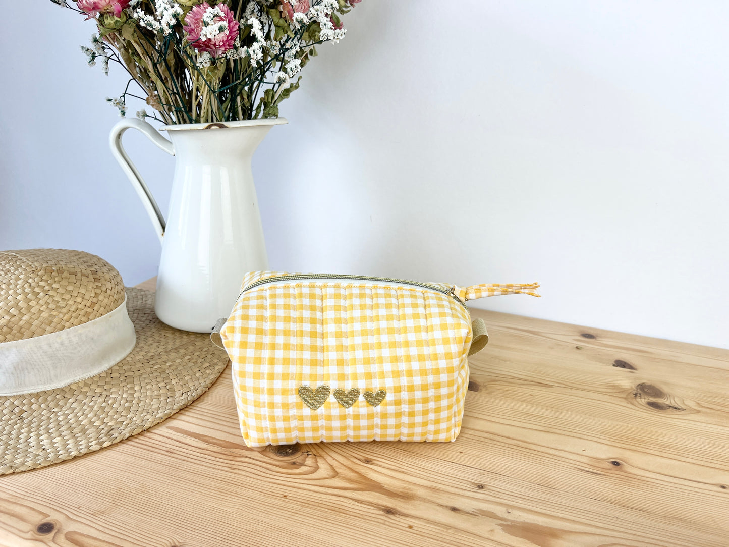 Trousse de beauté matelassée vichy Jaune (sur commande)