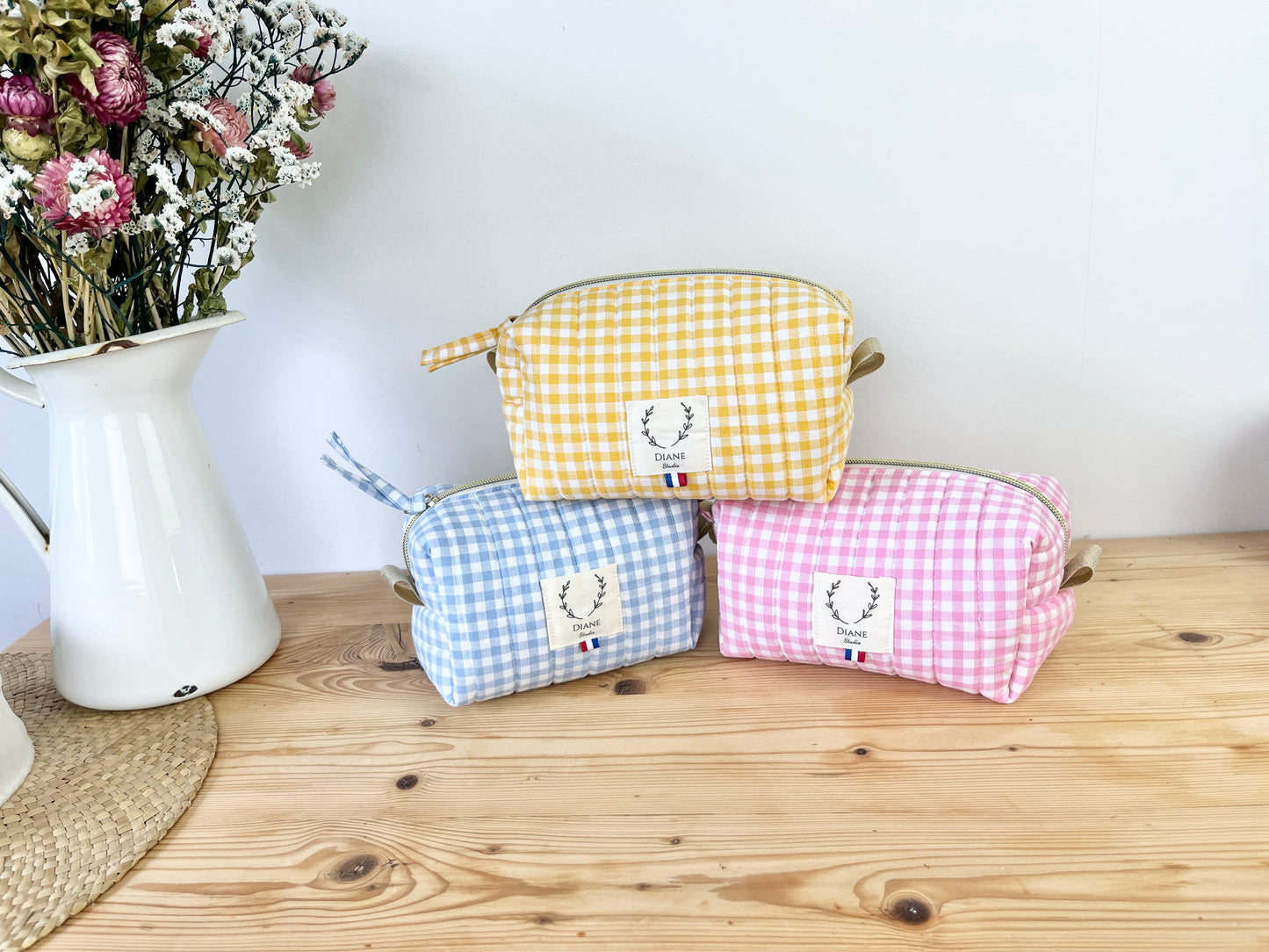 Trousse de beauté matelassée vichy Jaune (sur commande)