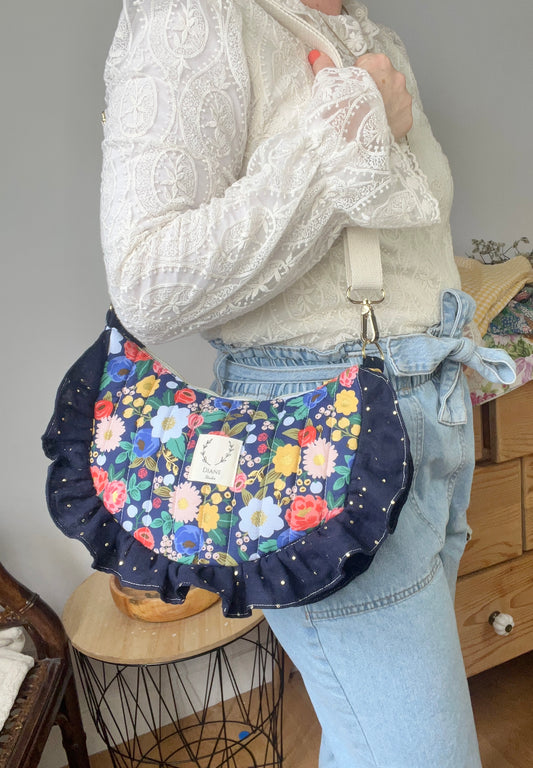 Milan le sac croissant matelassé vintage garden blue
