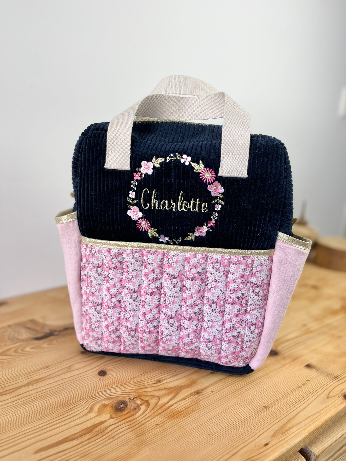 Le sac à dos enfant Ombeline personnalisé mitsi rose et velours bleu marine
