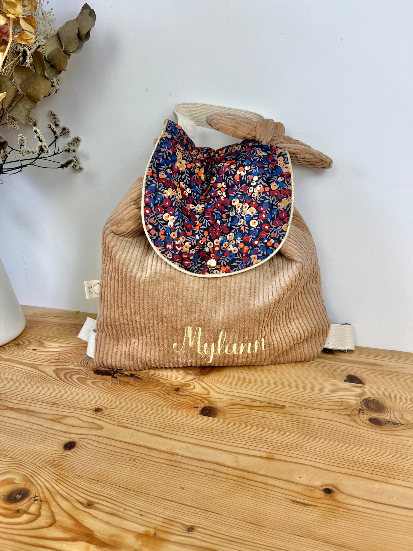 Le sac à dos Églantine velours camel et Liberty wiltshire burnt