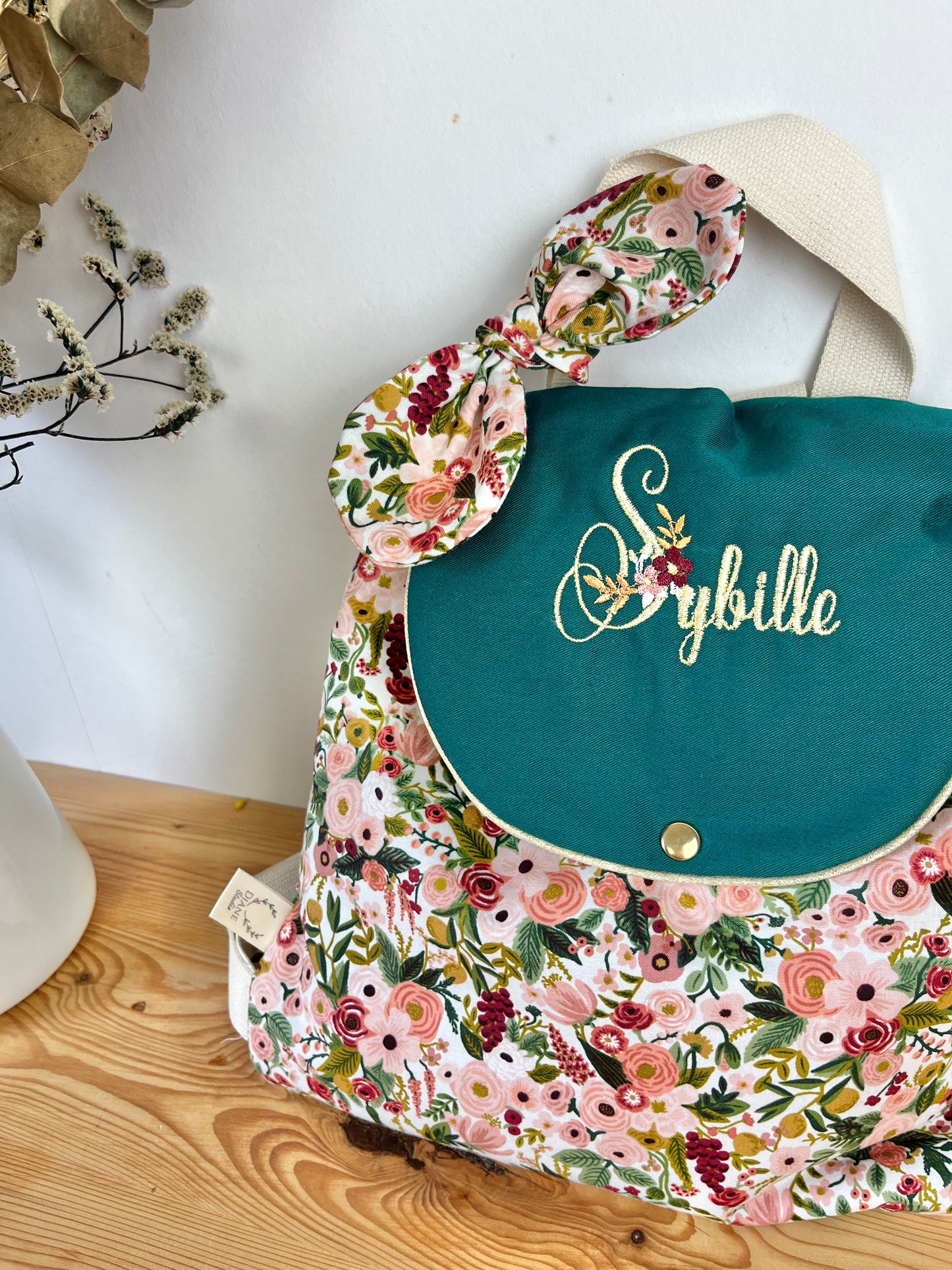 Le sac à dos Églantine gardent party rose et gabardine vert sapin