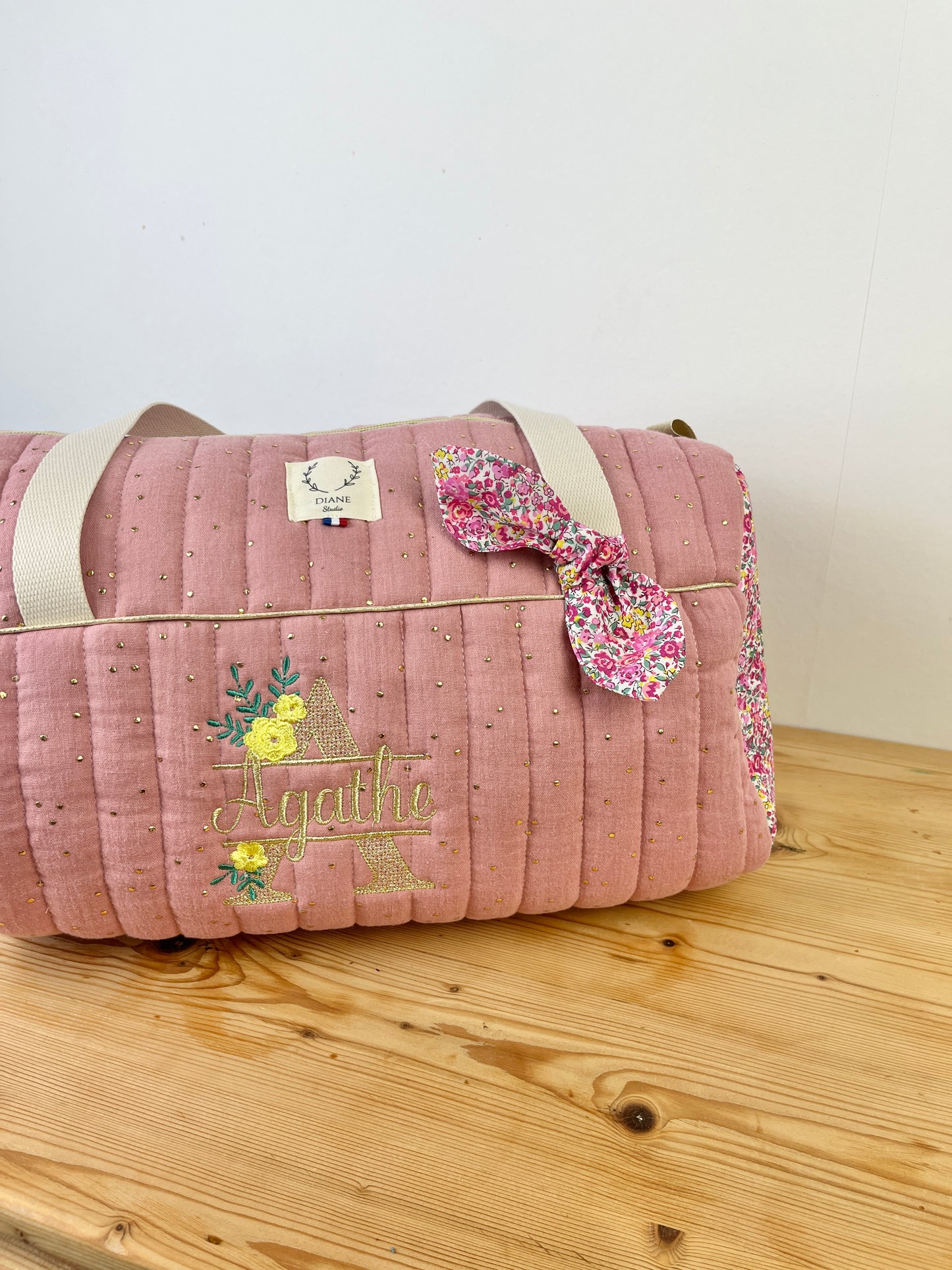 Louison le sac polochon enfant rose thé doré et Liberty Emma