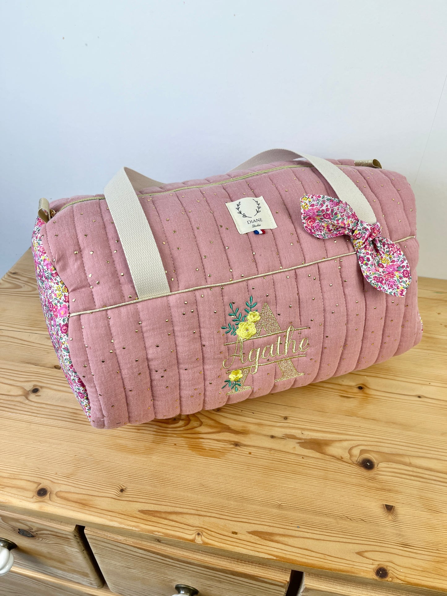 Louison le sac polochon enfant rose thé doré et Liberty Emma