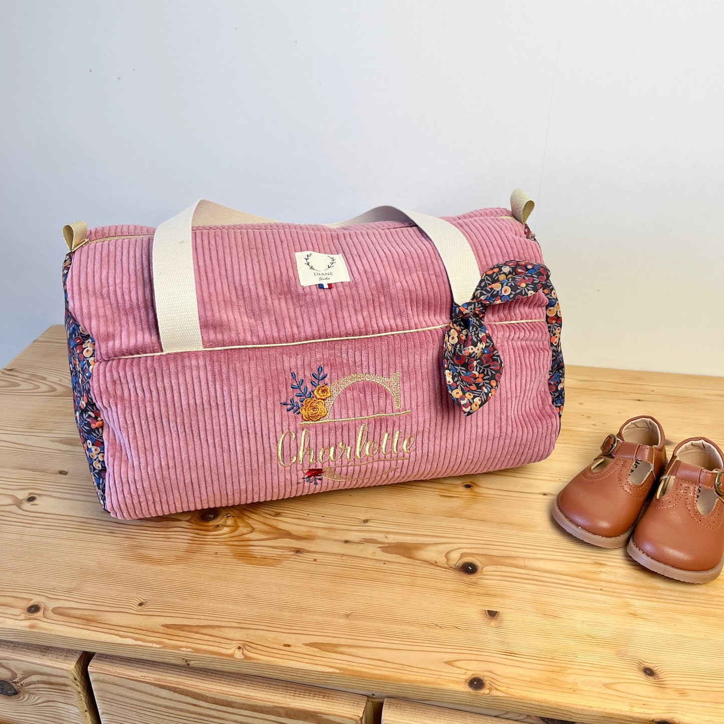 Louison le sac polochon personnalisé velours et Liberty Wiltshire burnt