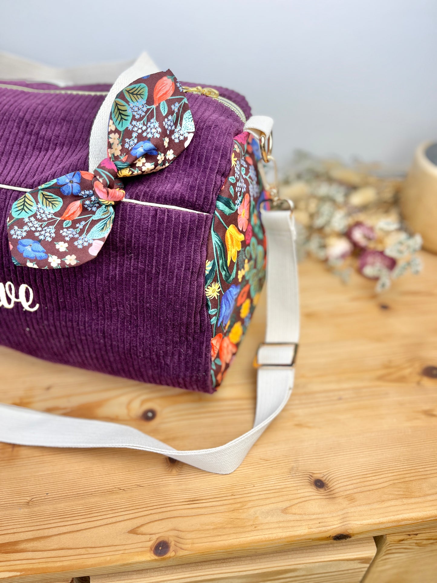 Louison le sac polochon enfant velours prune et blossom burgundi