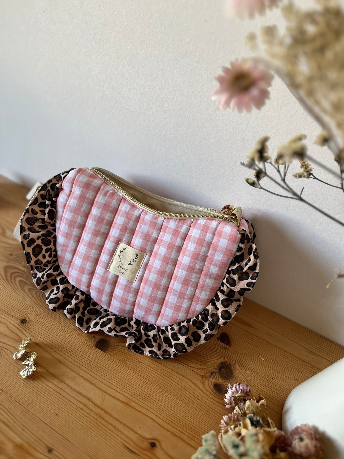 Sac Milan motifs vichy rose et léopard