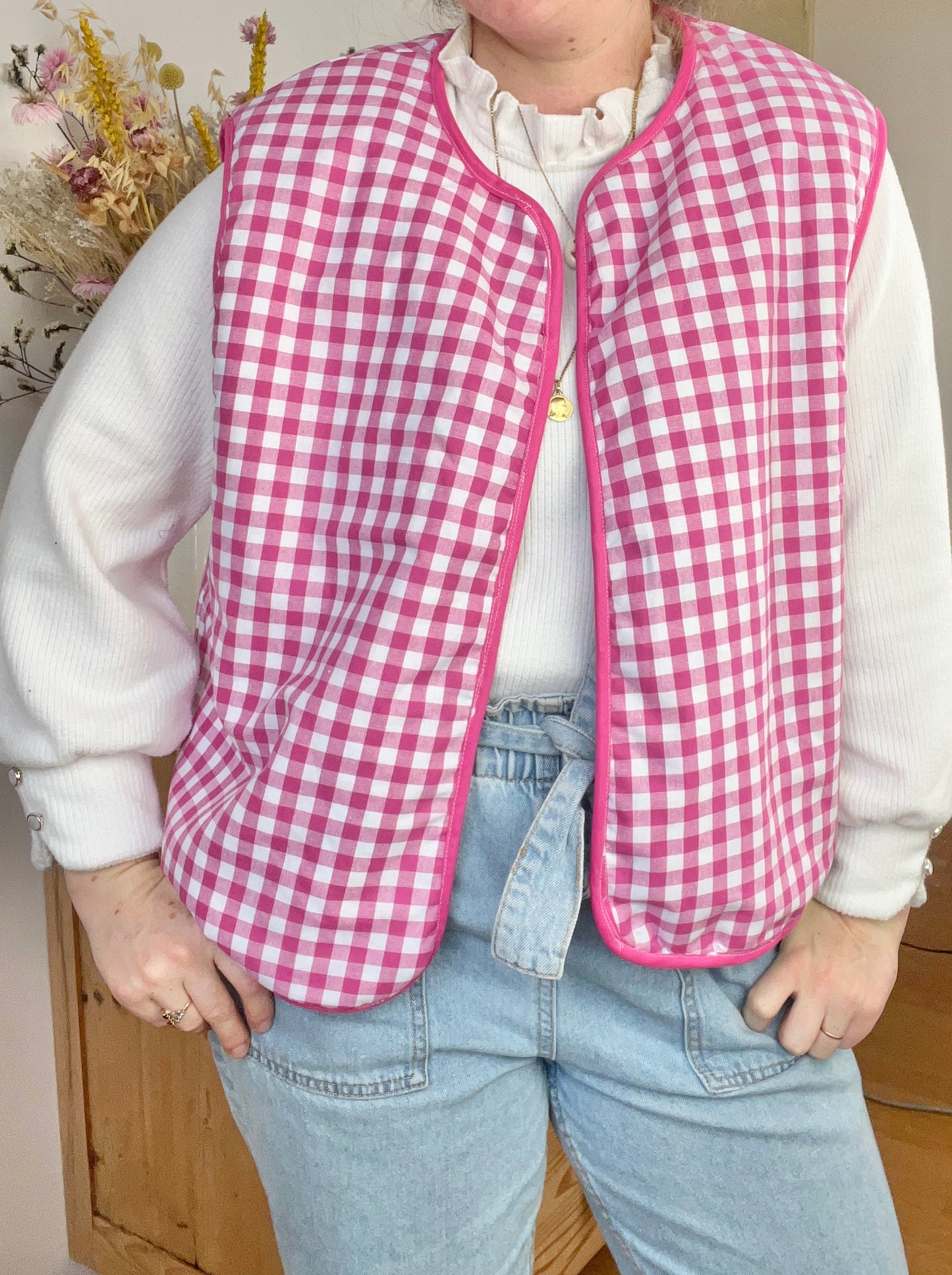 NOUVEAU ! Gilet fleuri Coraliane bordure et vichy fuchsia