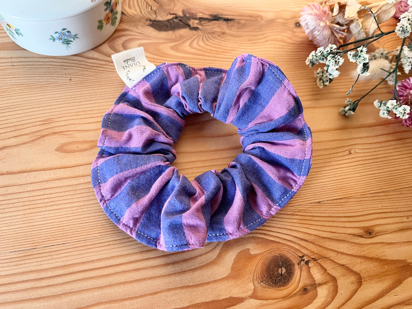 Chouchou coton rayé mauve et bleu