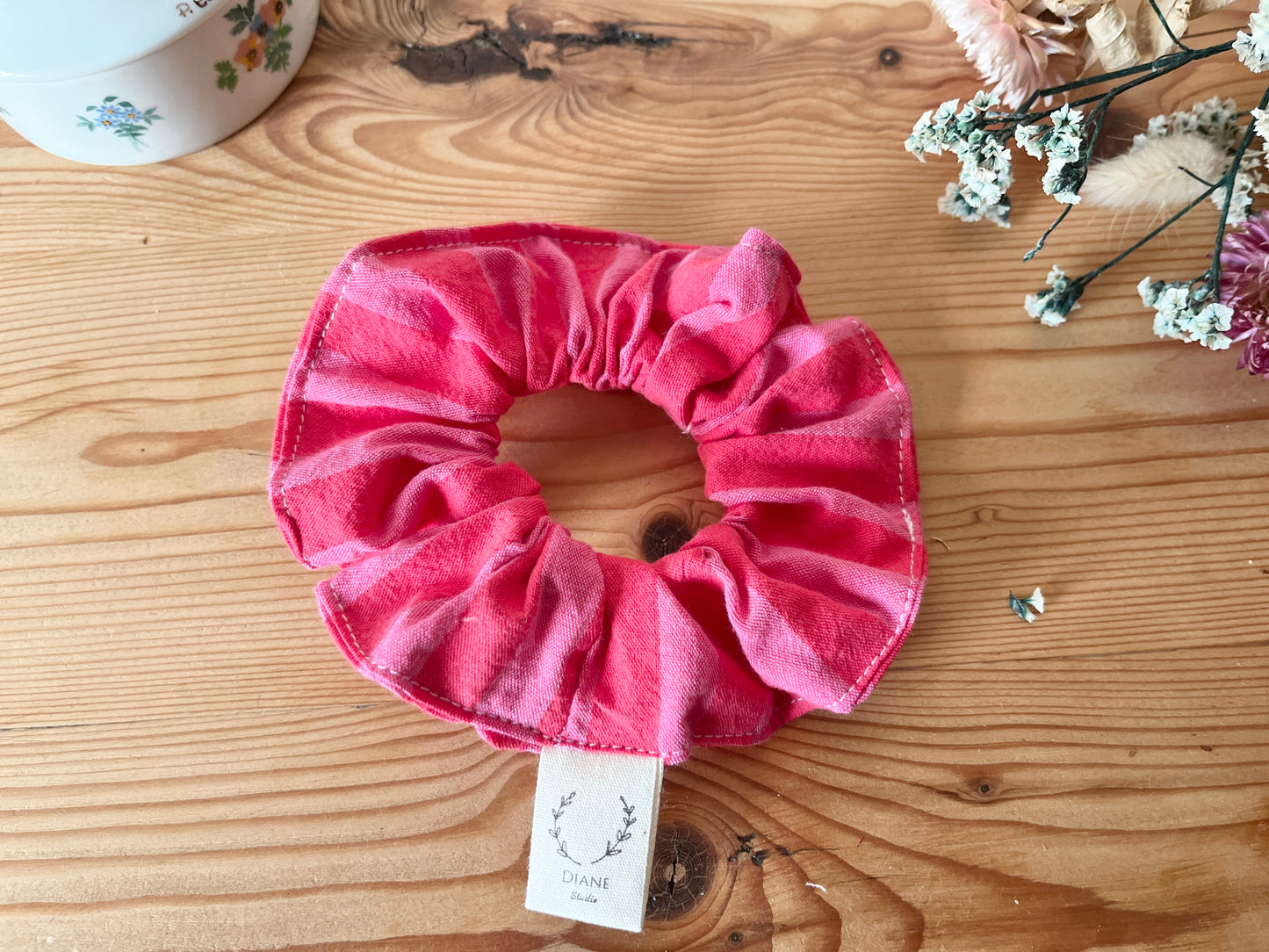 Chouchou coton rayé rouge et rose