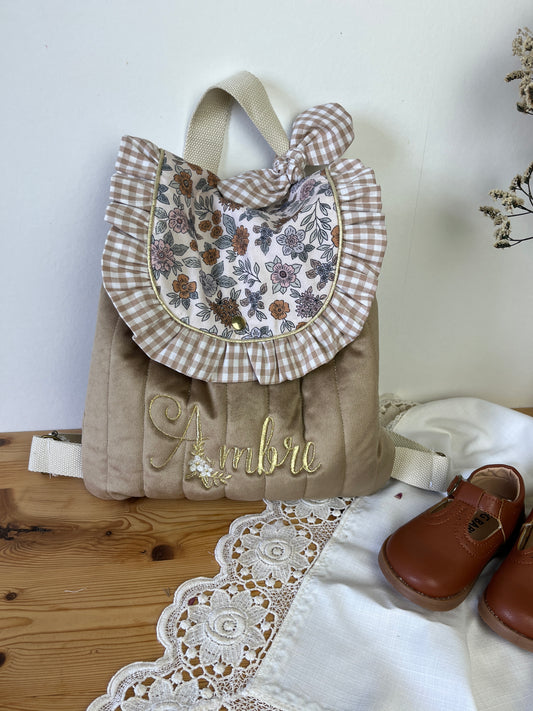 Le sac à dos Églantine velours, vichy et marion