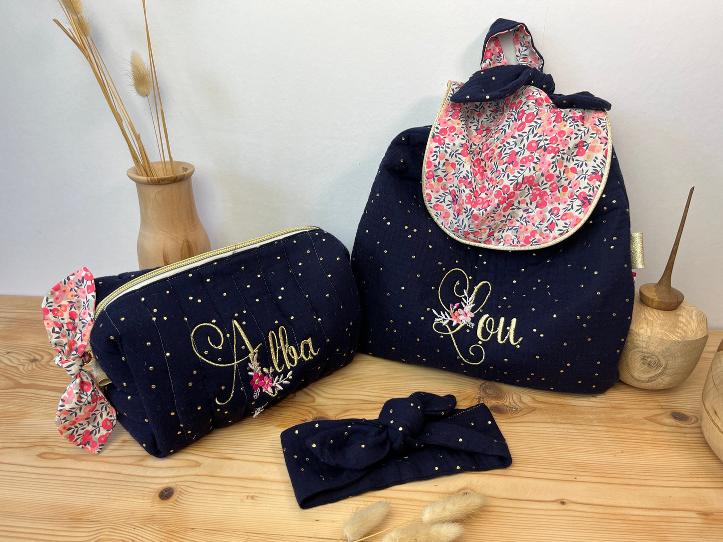 Le sac à dos enfant personnalisé Églantine Liberty wiltshire et double gaze bleu nuit doré
