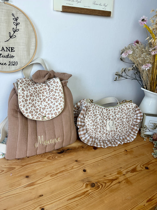 NOUVEAU Ensemble mère fille sac Milan et sac à dos Eglantine gaze léopard et vichy caramel
