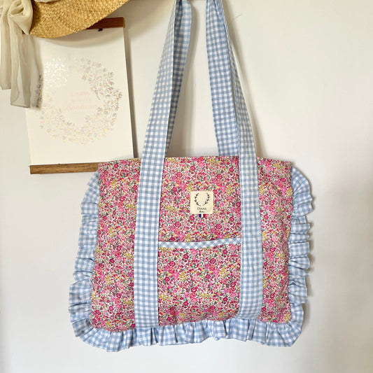 Le grand tote bag Agnès vichy bleu et Liberty Emma hibicus