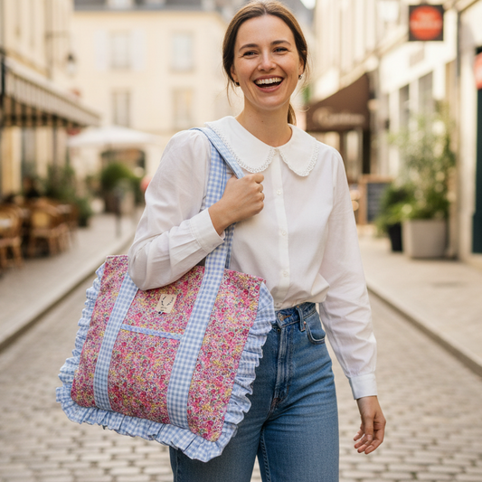 Le grand tote bag Agnès vichy bleu et Liberty Emma hibicus