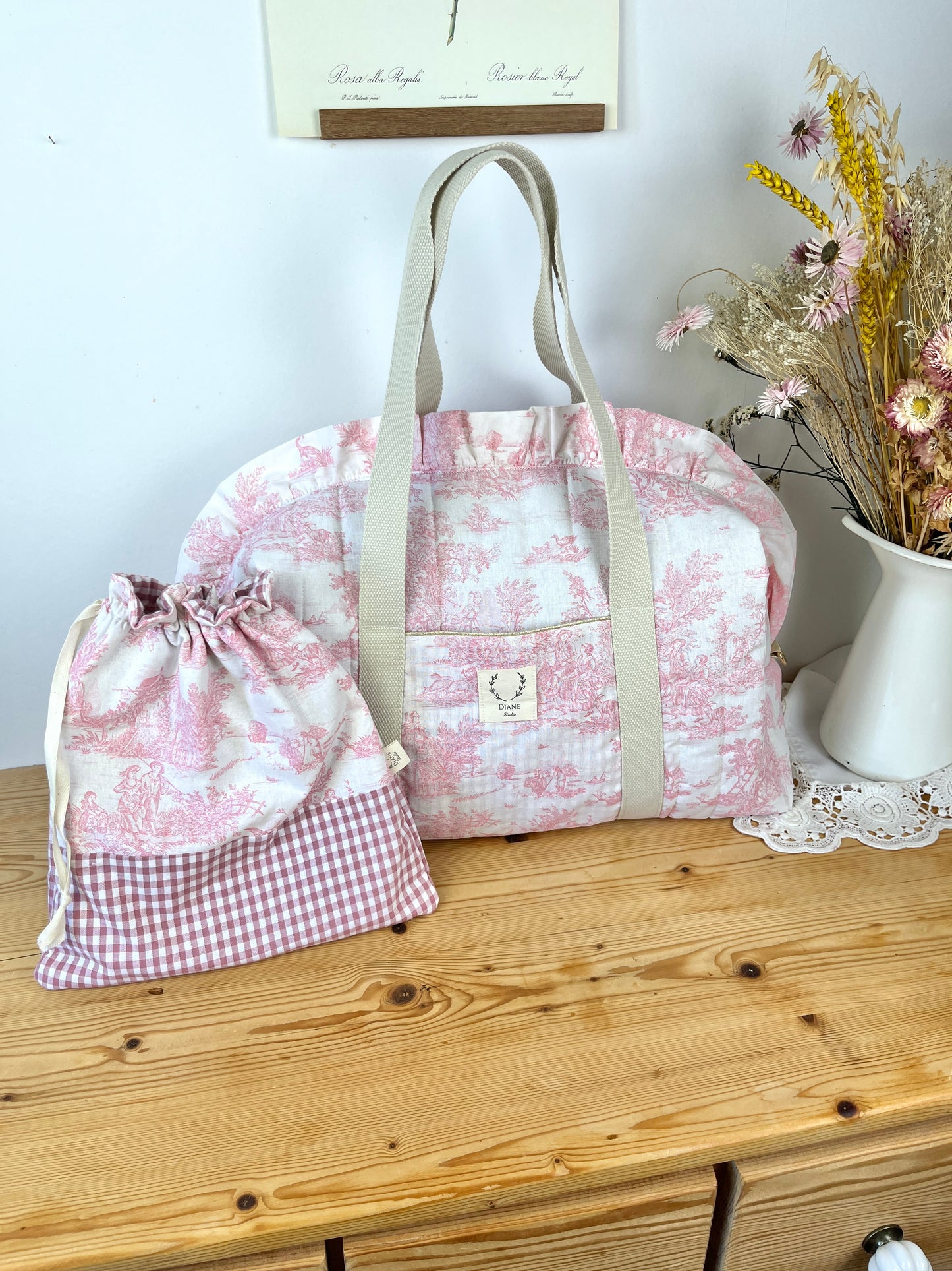 Ensemble Sac Chloé et pochon toile de jouy rose
