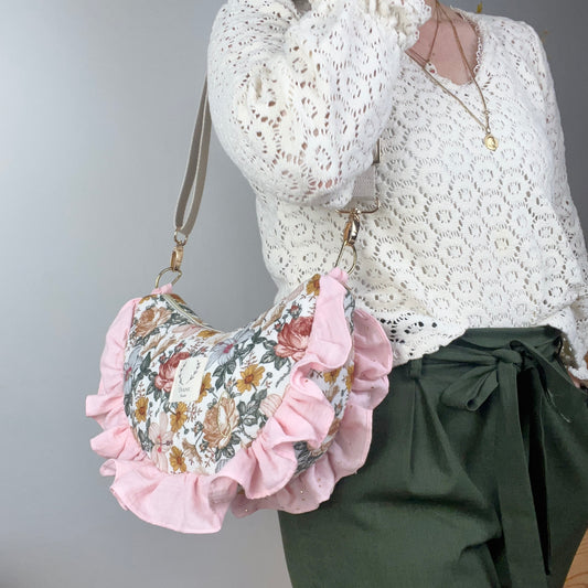 Milan le sac croissant matelassé gaze vintage et rose