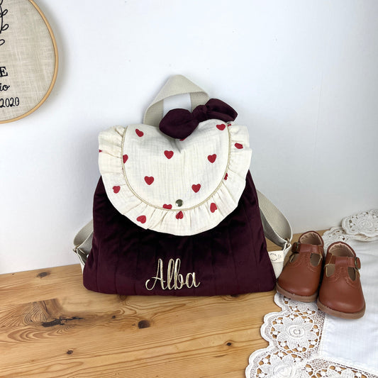 Le sac à dos Églantine gaze coeurs rouges et velours cerise