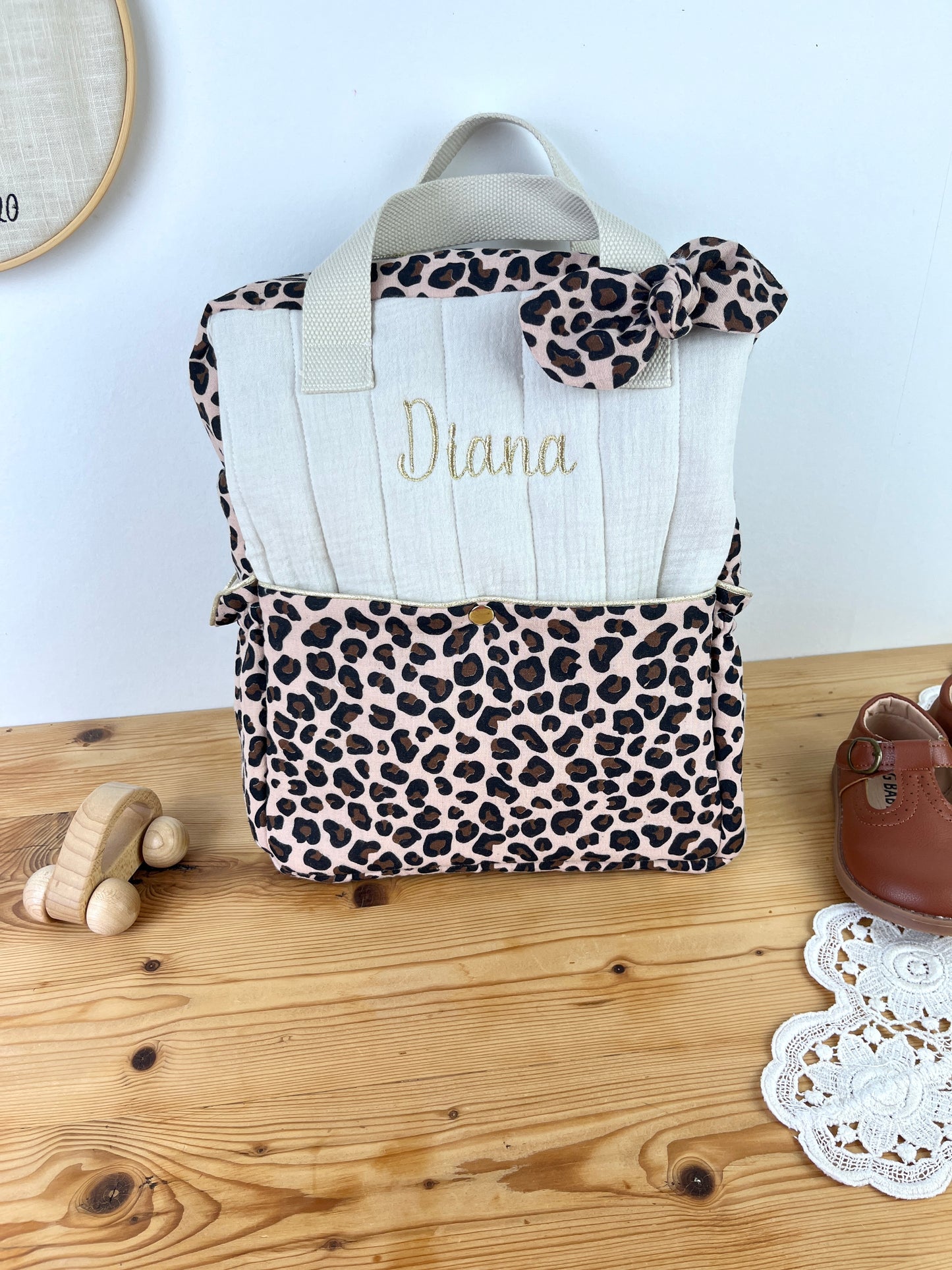 Le sac à dos enfant Ombeline gaze crème et léopard