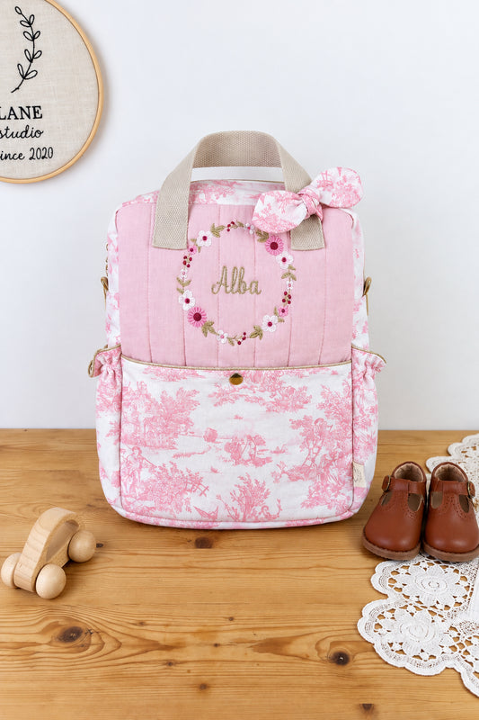 Le sac à dos enfant Ombeline gaze et jouy rose couronne fleurie