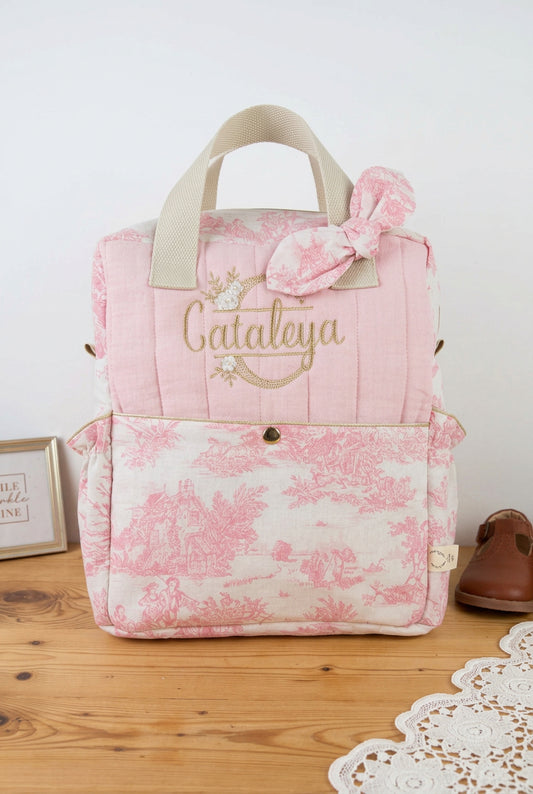 The Ombeline children's backpack in quilted gauze and sky blue gingham