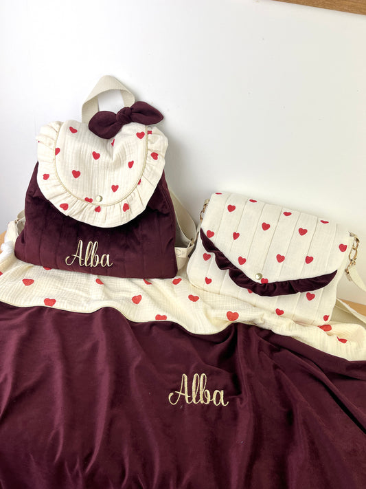 Ensemble mère fille : sac Elise,sac à dos Ombeline, couverture personnalisable