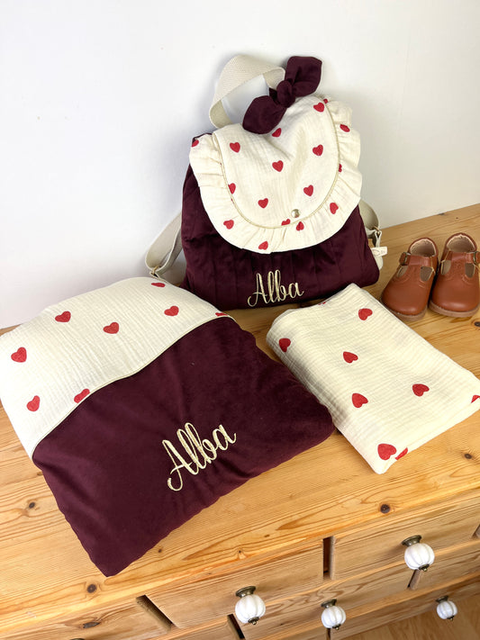 Ensemble : sac à dos Ombeline, couverture et taie d'oreiller personnalisable