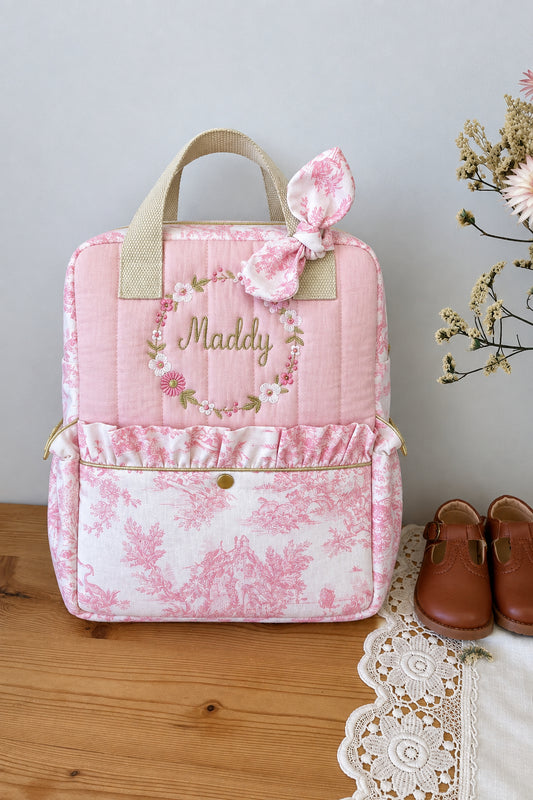 Le sac à dos enfant Ombeline gaze et jouy rose version Maddy