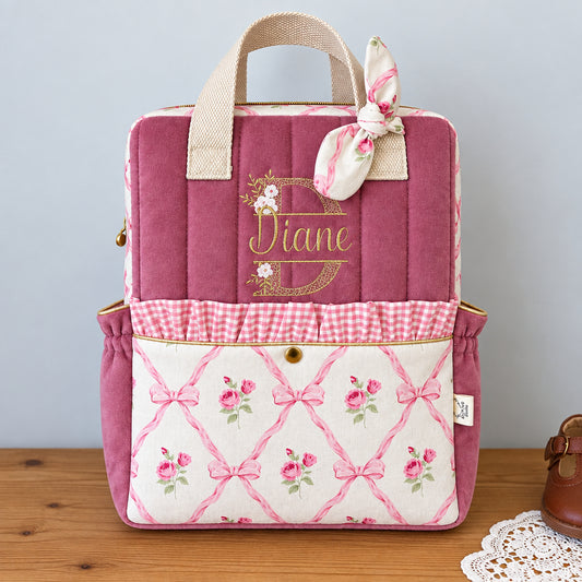 Le sac à dos enfant Ombeline velours rose thé roses et noeud