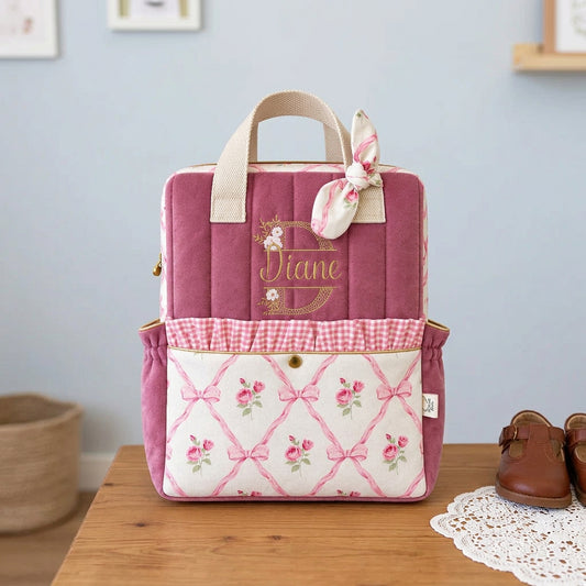The Ombeline children's backpack in quilted gauze and sky blue gingham