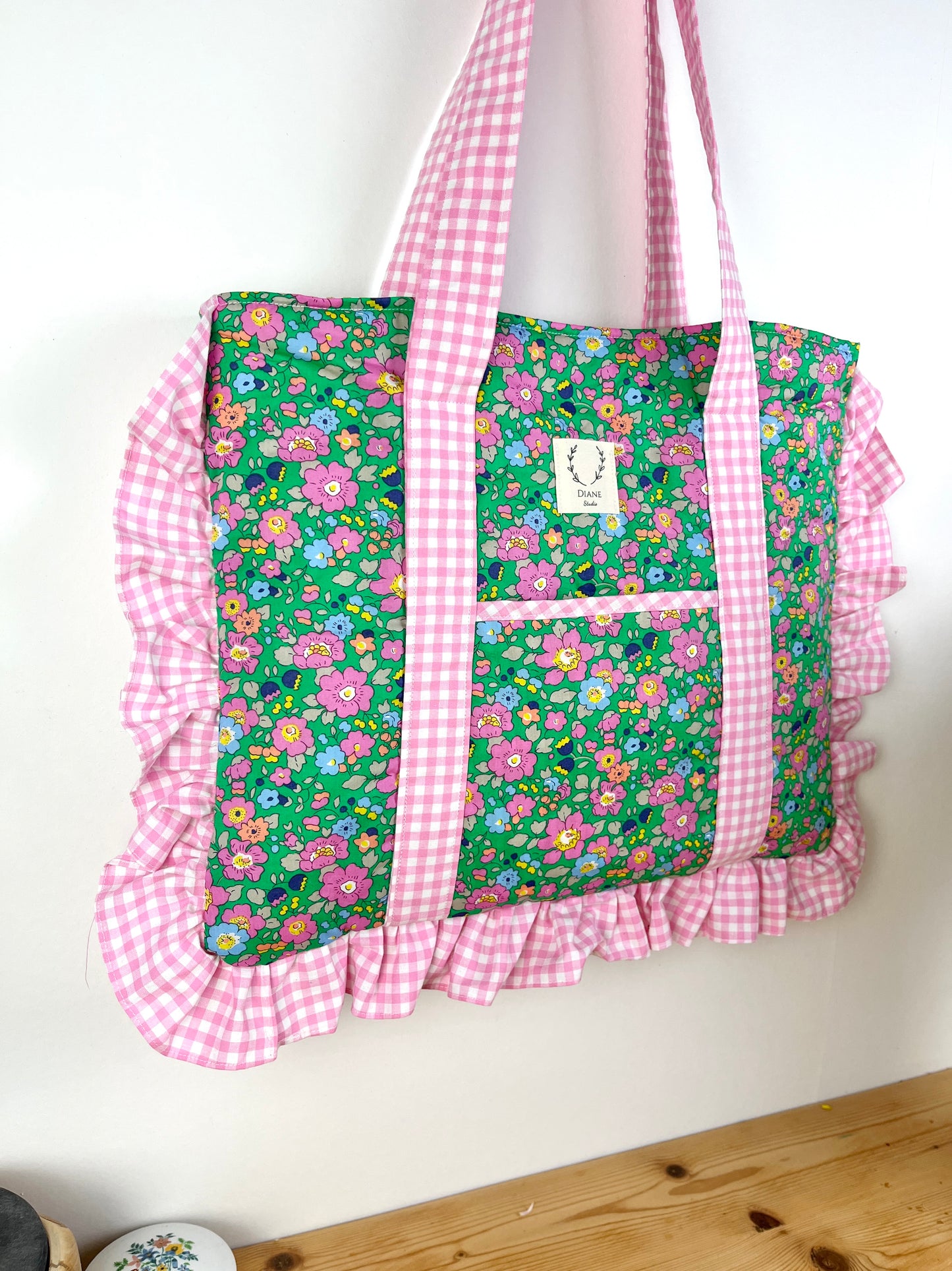 Le grand tote bag betsy granny smith et vichy rose
